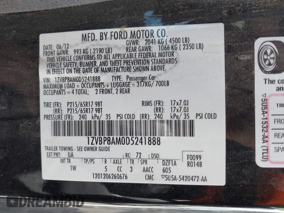 2013 Ford Mustang V6 with VIN 1ZVBP8AM0D5241888, listed as a IAAI auction lot 42110605 with 197,477 mi miles. Bid and sale history available at carsss.com. Image 9.