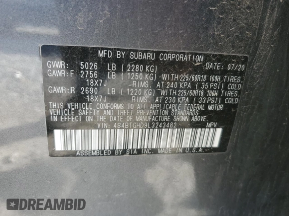 2020 Subaru Outback with VIN 4S4BTGHD9L3243482, listed as a Copart auction lot 78533174 with 54,054 mi miles and Salvage title. Bid and sale history available at DreamBid. Image 13.