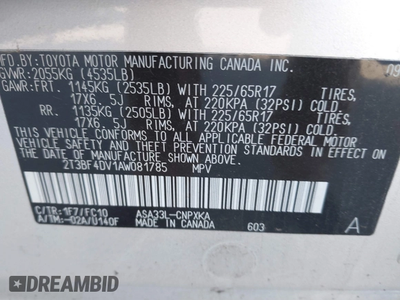 2010 Toyota RAV4 with VIN 2T3BF4DV1AW081785, listed as a IAAI auction lot 41902816 with 126,538 mi miles. Bid and sale history available at carsss.com. Image 9.