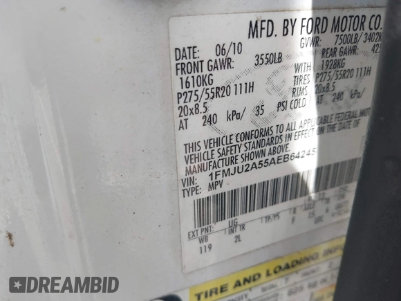 2010 Ford Expedition Limited with VIN 1FMJU2A55AEB64245, listed as a IAAI auction lot 42180443 with 239,953 mi miles and . Bid and sale history available at DreamBid. Image 9.