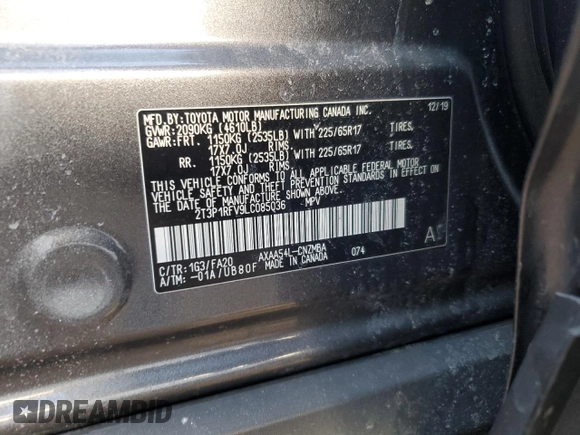 2020 Toyota RAV4 XLE with VIN 2T3P1RFV9LC085036, listed as a Copart auction lot 48356145 with 65,096 mi miles and Salvage Title. Bid and sale history available at carsss.com. Image 13.