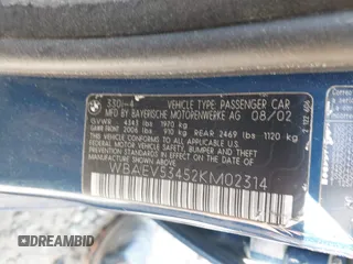 2002 BMW 3 Series 330i with VIN WBAEV53452KM02314, listed as a IAAI auction lot 41704725 with 219,502 mi miles and . Bid and sale history available at DreamBid. Image 9.