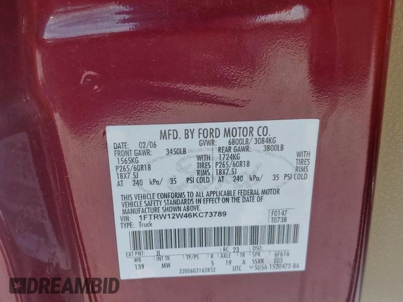 2006 Ford F-150 XLT with VIN 1FTRW12W46KC73789, listed as a Copart auction lot 60984605 with 126,185 mi miles and Salvage title. Bid and sale history available at DreamBid. Image 12.
