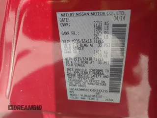 2014 Nissan Pathfinder Platinum with VIN 5N1AR2MM0EC693026, listed as a IAAI auction lot 42261095 with 132,180 mi miles and . Bid and sale history available at DreamBid. Image 9.