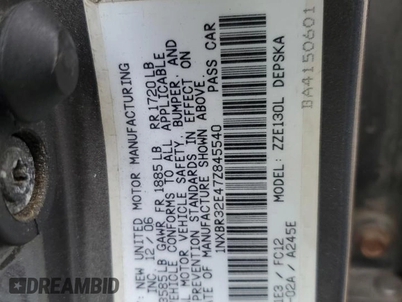 2007 Toyota Corolla CE with VIN 1NXBR32E47Z845540, listed as a Copart auction lot 49161475 with 149,567 mi miles and Salvage Title. Bid and sale history available at DreamBid. Image 13.