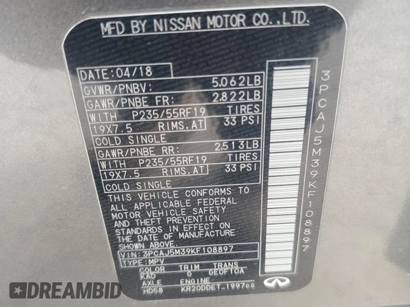 2019 Infiniti QX50 Essential с VIN 3PCAJ5M39KF108897, выставлен на аукционе Copart как лот 60618435 с пробегом Не указан миль и Списание • Salvage title. История ставок и продаж доступна на DreamBid. Изображение 13.
