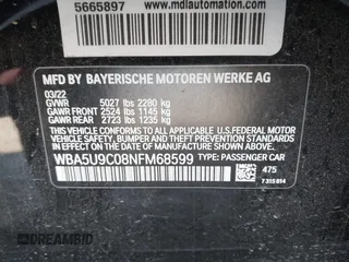 2022 BMW 3 Series M340i xDrive with VIN WBA5U9C08NFM68599, listed as a IAAI auction lot 41260340 with Not Provided miles and . Bid and sale history available at DreamBid. Image 9.