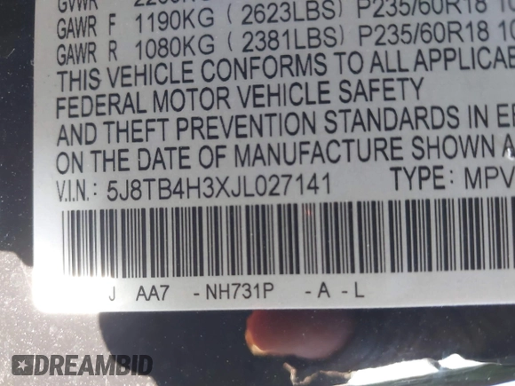 2018 Acura RDX with VIN 5J8TB4H3XJL027141, listed as a IAAI auction lot 41771465 with 103,971 mi miles. Bid and sale history available at carsss.com. Image 9.