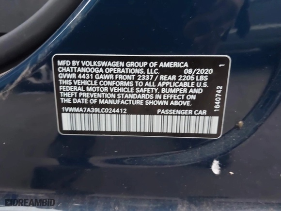2020 Volkswagen Passat 2.0T R-Line with VIN 1VWMA7A39LC024412, listed as a IAAI auction lot 41508562 with 51,835 mi miles. Bid and sale history available at carsss.com. Image 9.