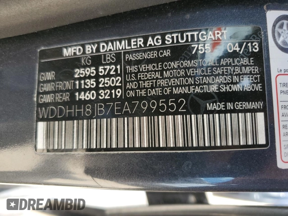 2014 Mercedes-Benz E 350 Luxury with VIN WDDHH8JB7EA799552, listed as a Copart auction lot 50810355 with Not Provided miles and Salvage Title. Bid and sale history available at DreamBid. Image 12.