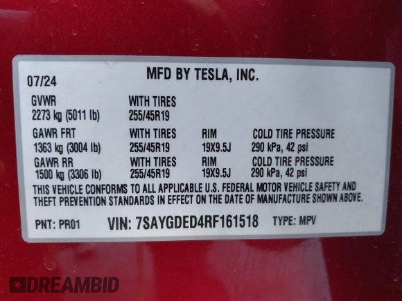 2024 Tesla Model Y z VIN 7SAYGDED4RF161518, wystawiony jako IAAI lot #41682252 z przebiegiem 6 844 mil mil oraz . Historia ofert i sprzedaży dostępna na DreamBid. Obrazek 9.