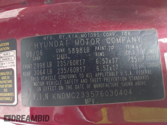 2007 Hyundai Entourage GLS с VIN KNDMC233576030404, выставлен на аукционе IAAI как лот 42309529 с пробегом 219 839 миль миль и . История ставок и продаж доступна на DreamBid. Изображение 9.