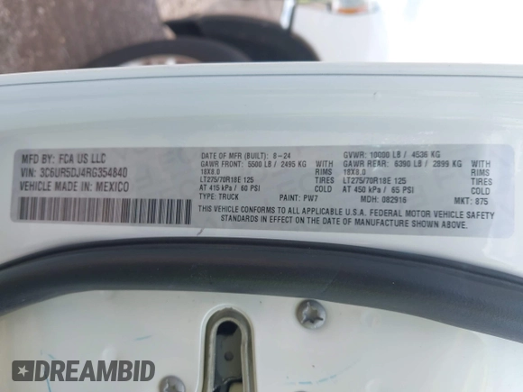2024 Ram 2500 Big Horn z VIN 3C6UR5DJ4RG354840, wystawiony jako IAAI lot #42509658 z przebiegiem Nie podano mil oraz . Historia ofert i sprzedaży dostępna na DreamBid. Obrazek 9.