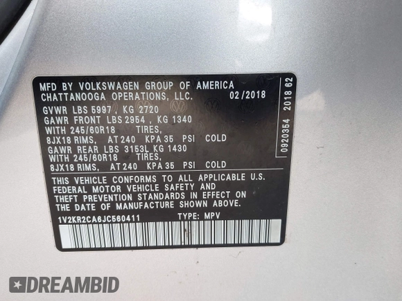 2018 Volkswagen Atlas SE with VIN 1V2KR2CA6JC560411, listed as a IAAI auction lot 41887472 with 168,155 mi miles and . Bid and sale history available at DreamBid. Image 9.