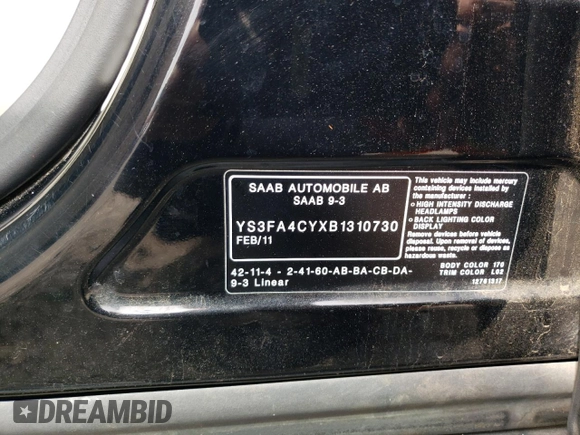 2011 Saab 9-3 z VIN YS3FA4CYXB1310730, wystawiony jako Copart lot #52141405 z przebiegiem Nie podano mil oraz Szkoda całkowita • Salvage title. Historia ofert i sprzedaży dostępna na DreamBid. Obrazek 12.