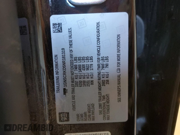 2022 Chevrolet Tahoe RST z VIN 1GNSCRKD5NR181319, wystawiony jako Copart lot #80559434 z przebiegiem 54 169 mil mil oraz Szkoda całkowita • Salvage title. Historia ofert i sprzedaży dostępna na DreamBid. Obrazek 15.