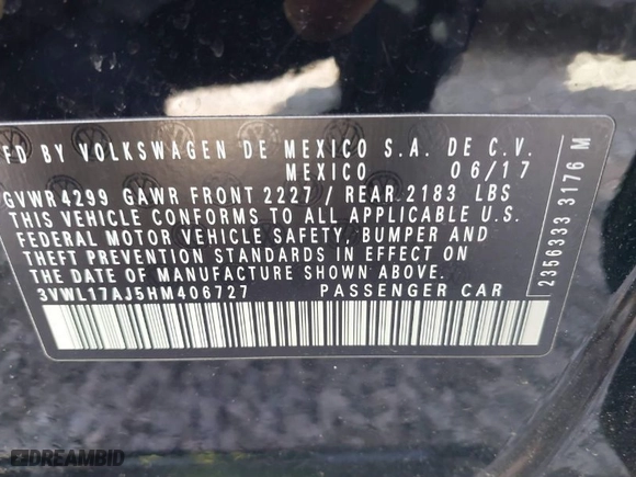 2017 Volkswagen Jetta 1.8T SEL with VIN 3VWL17AJ5HM406727, listed as a IAAI auction lot 41779192 with 41,215 mi miles. Bid and sale history available at carsss.com. Image 9.