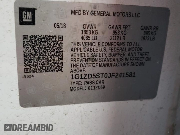 2018 Chevrolet Malibu LT with VIN 1G1ZD5ST0JF241581, listed as a Copart auction lot 88797505 with 101,891 mi miles and Salvage Title. Bid and sale history available at carsss.com. Image 12.