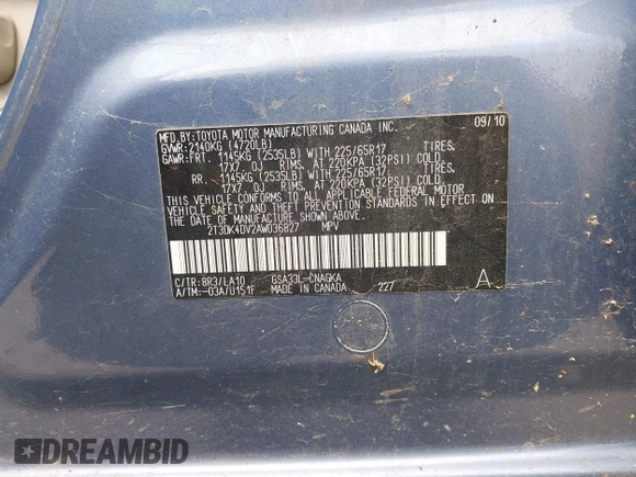 2010 Toyota RAV4 Limited with VIN 2T3DK4DV2AW036827, listed as a IAAI auction lot 42651428 with Not provided miles and . Bid and sale history available at DreamBid. Image 9.