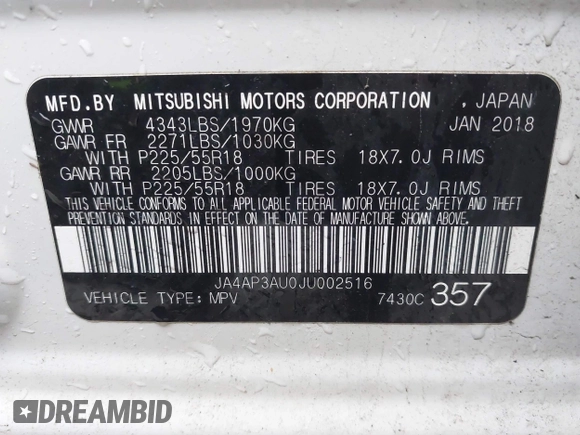 2018 Mitsubishi Outlander Sport ES 2.0 with VIN JA4AP3AU0JU002516, listed as a IAAI auction lot 41425391 with 104,574 mi miles. Bid and sale history available at carsss.com. Image 9.