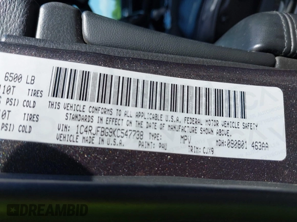 2019 Jeep Grand Cherokee Limited with VIN 1C4RJFBG9KC547738, listed as a IAAI auction lot 42662891 with 73,619 mi miles and . Bid and sale history available at DreamBid. Image 9.