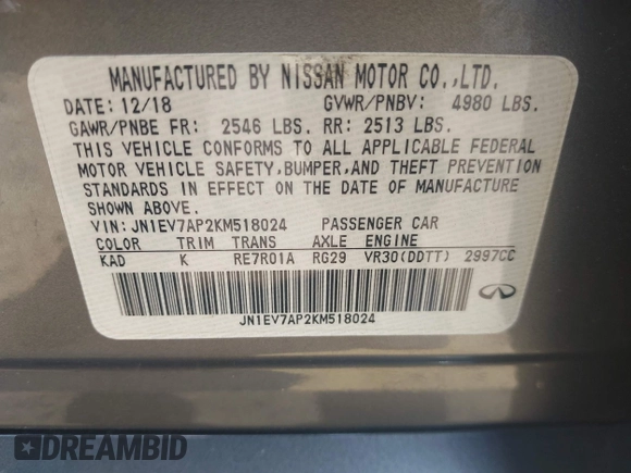 2019 Infiniti Q50 Luxe with VIN JN1EV7AP2KM518024, listed as a IAAI auction lot 42396562 with 72,030 mi miles and . Bid and sale history available at DreamBid. Image 9.