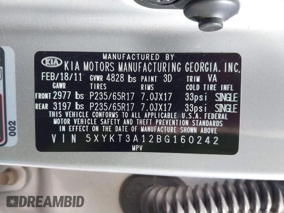 2011 Kia Sorento LX with VIN 5XYKT3A12BG160242, listed as a IAAI auction lot 42220874 with 142,298 mi miles and . Bid and sale history available at carsss.com. Image 9.
