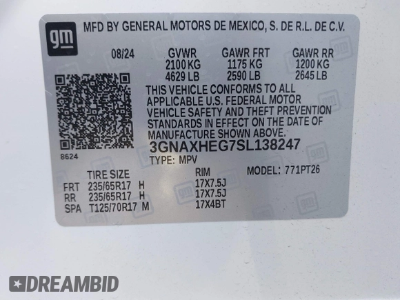 2025 Chevrolet Equinox FWD LT with VIN 3GNAXHEG7SL138247, listed as a IAAI auction lot 42174022 with 8,285 mi miles and . Bid and sale history available at DreamBid. Image 9.