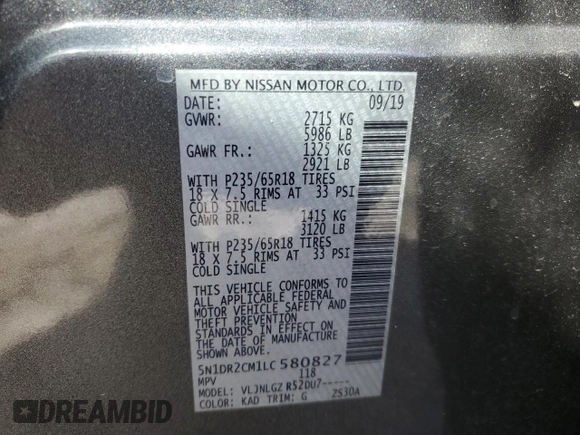 2020 Nissan Pathfinder SL z VIN 5N1DR2CM1LC580827, wystawiony jako Copart lot #45777555 z przebiegiem 72 063 mil mil oraz Szkoda całkowita • Salvage title. Historia ofert i sprzedaży dostępna na DreamBid. Obrazek 12.