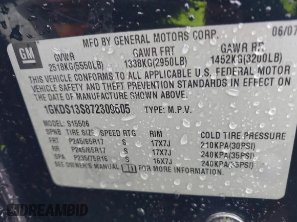 2007 GMC Envoy SLE with VIN 1GKDS13S872309605, listed as a IAAI auction lot 41946509 with 184,638 mi miles. Bid and sale history available at carsss.com. Image 9.