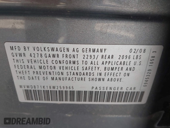 2008 Volkswagen Rabbit S with VIN WVWDB71K18W259965, listed as a IAAI auction lot 42560605 with 89,845 mi miles and . Bid and sale history available at DreamBid. Image 9.