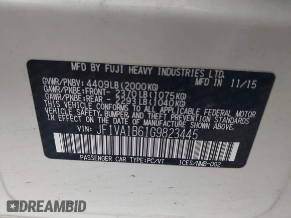 2016 Subaru WRX with VIN JF1VA1B61G9823445, listed as a IAAI auction lot 42244474 with 156,466 mi miles and . Bid and sale history available at DreamBid. Image 9.