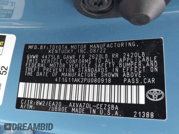 2023 Toyota Camry SE with VIN 4T1G11AK2PU080918, listed as a IAAI auction lot 42176340 with 29,740 mi miles and . Bid and sale history available at DreamBid. Image 9.