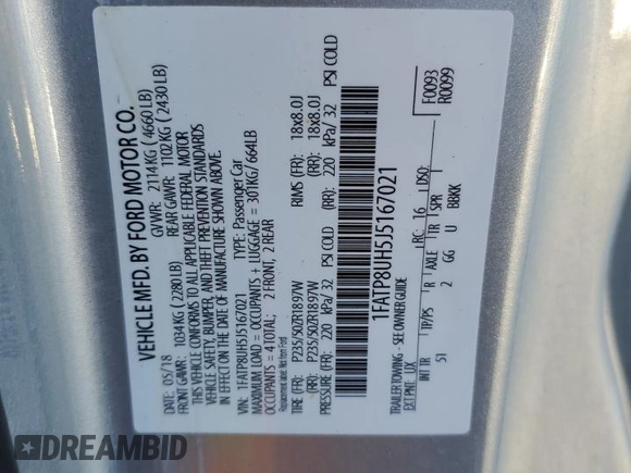 2018 Ford Mustang EcoBoost Premium with VIN 1FATP8UH5J5167021, listed as a Copart auction lot 42618945 with Not Provided miles and Salvage Title. Bid and sale history available at carsss.com. Image 12.