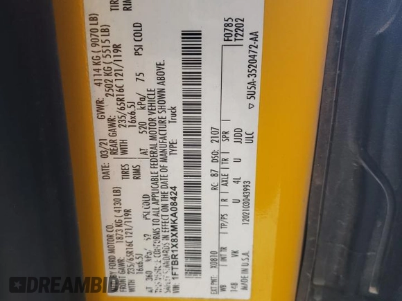 2021 Ford Transit Cargo with VIN 1FTBR1X8XMKA08424, listed as a Copart auction lot 51269995 with 73,918 mi miles and Salvage Title. Bid and sale history available at DreamBid. Image 13.