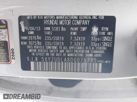 2013 Hyundai Santa Fe Sport z VIN 5XYZUDLA8DG079795, wystawiony jako IAAI lot #42035743 z przebiegiem 170 321 mil mil oraz . Historia ofert i sprzedaży dostępna na DreamBid. Obrazek 9.