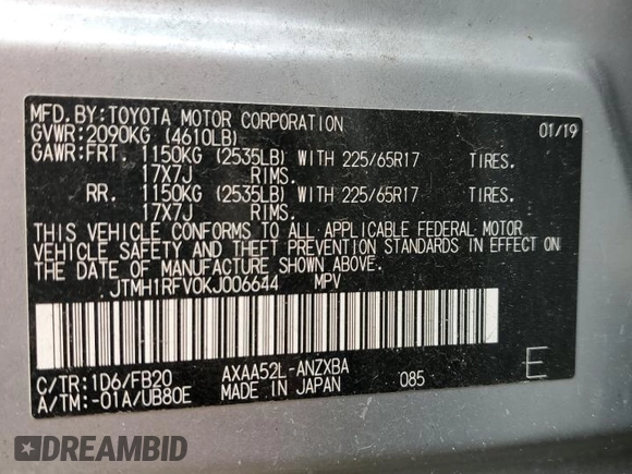 2019 Toyota RAV4 LE with VIN JTMH1RFV0KJ006644, listed as a Copart auction lot 59546835 with 101,050 mi miles and Salvage title. Bid and sale history available at DreamBid. Image 14.