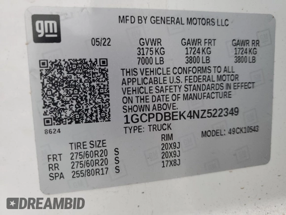 2022 Chevrolet Silverado 1500 Custom with VIN 1GCPDBEK4NZ522349, listed as a Copart auction lot 85862274 with 15,747 mi miles and Salvage Title. Bid and sale history available at carsss.com. Image 12.