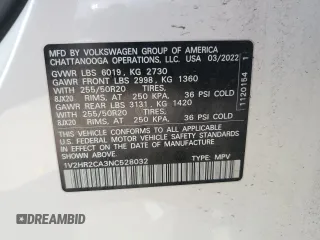 2022 Volkswagen Atlas SE z VIN 1V2HR2CA3NC528032, wystawiony jako Copart lot #57607665 z przebiegiem 34 714 mil mil oraz Czysty tytuł • Clean title. Historia ofert i sprzedaży dostępna na DreamBid. Obrazek 13.