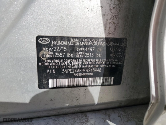 2015 Hyundai Sonata 2.4L SE with VIN 5NPE24AF9FH245448, listed as a Copart auction lot 51955425 with 0 mi miles and Salvage Title. Bid and sale history available at carsss.com. Image 12.
