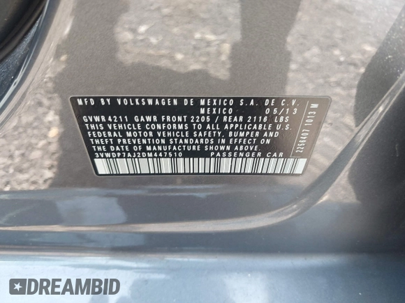 2013 Volkswagen Jetta SE with VIN 3VWDP7AJ2DM447510, listed as a IAAI auction lot 42522268 with 240,467 mi miles and . Bid and sale history available at DreamBid. Image 9.