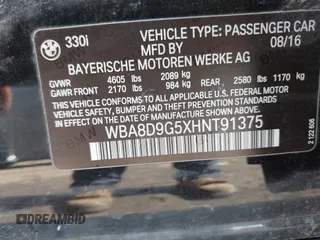 2017 BMW 3 Series 330i xDrive with VIN WBA8D9G5XHNT91375, listed as a IAAI auction lot 42546882 with 107,573 mi miles and . Bid and sale history available at DreamBid. Image 9.