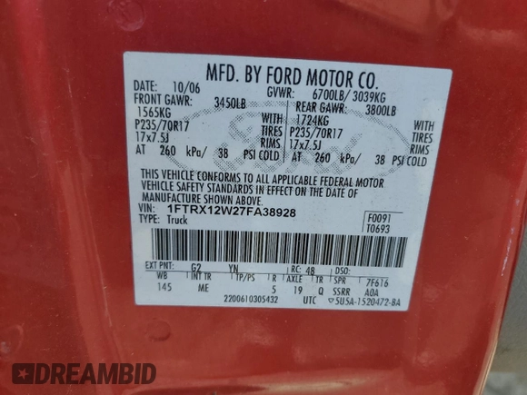 2007 Ford F-150 STX with VIN 1FTRX12W27FA38928, listed as a Copart auction lot 56470545 with 169,874 mi miles and Salvage title. Bid and sale history available at DreamBid. Image 12.