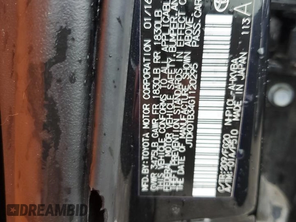 2016 Toyota Prius One with VIN JTDKDTB34G1120295, listed as a Copart auction lot 53525855 with 94,025 mi miles and Clean Title. Bid and sale history available at DreamBid. Image 12.