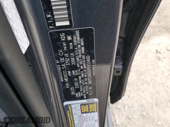 2023 Kia Forte LXS with VIN 3KPF24AD0PE653460, listed as a Copart auction lot 46849255 with 10,920 mi miles and Salvage Title. Bid and sale history available at carsss.com. Image 14.