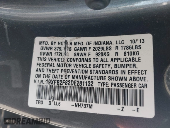 2013 Honda Civic EX with VIN 19XFB2F82DE281132, listed as a IAAI auction lot 41990142 with 96,275 mi miles and . Bid and sale history available at DreamBid. Image 9.