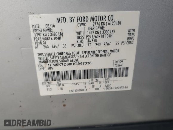 2017 Ford Explorer XLT with VIN 1FM5K7D88HGA67338, listed as a Copart auction lot 59279345 with 94,283 mi miles and Salvage title. Bid and sale history available at DreamBid. Image 14.