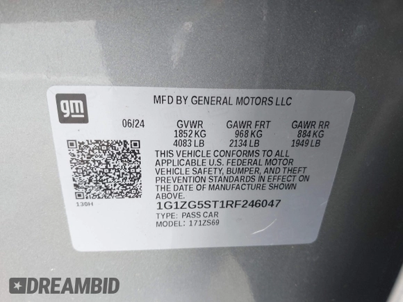 2024 Chevrolet Malibu RS with VIN 1G1ZG5ST1RF246047, listed as a IAAI auction lot 41777717 with 10,842 mi miles and . Bid and sale history available at DreamBid. Image 9.
