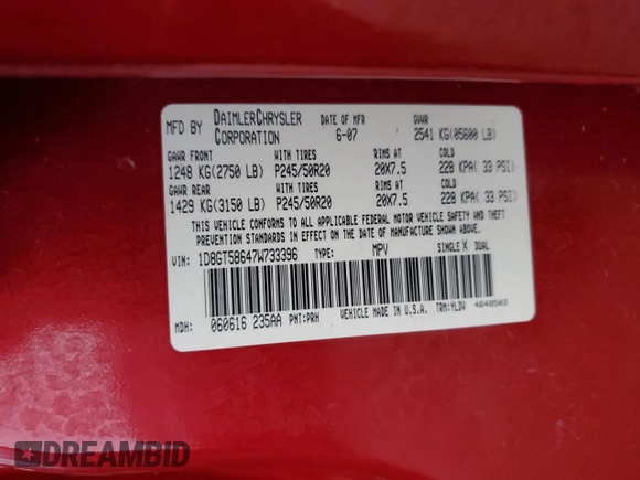 2007 Dodge Nitro R/T z VIN 1D8GT58647W733396, wystawiony jako Copart lot #83948934 z przebiegiem 47 944 mil mil oraz Szkoda całkowita • Salvage title. Historia ofert i sprzedaży dostępna na DreamBid. Obrazek 13.