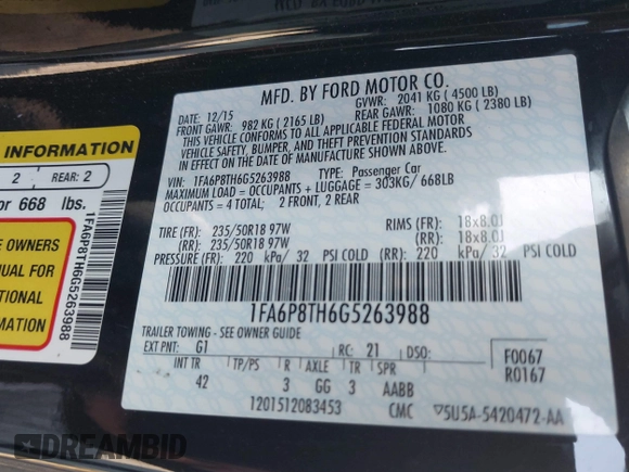 2016 Ford Mustang EcoBoost with VIN 1FA6P8TH6G5263988, listed as a IAAI auction lot 41978503 with 109,529 mi miles. Bid and sale history available at carsss.com. Image 9.